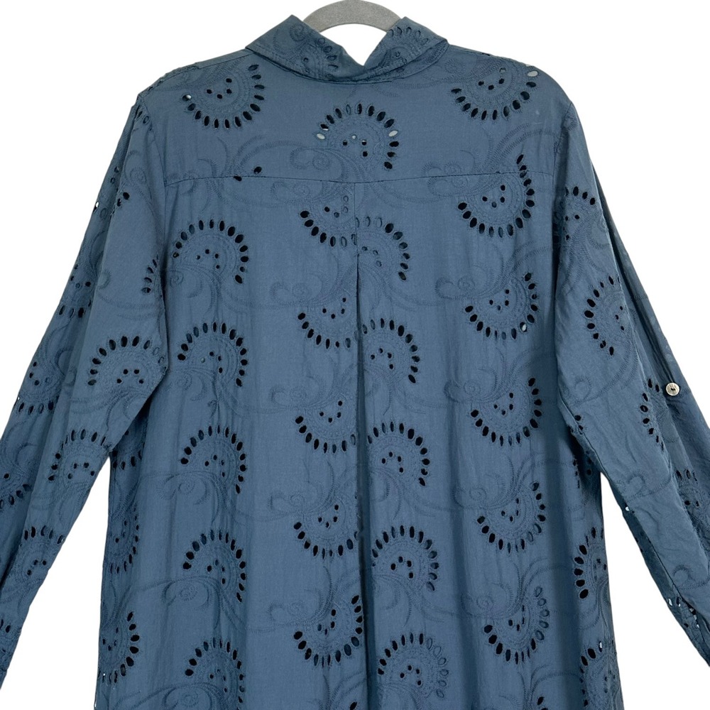 Italian Cotton Eyelet Shirt Dress Blue Embroidered Tunic Long Sleeve L - Picture 9 of 11